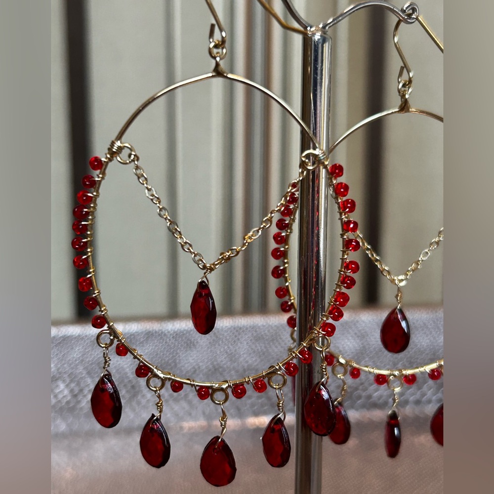 Red hoop dangle earrings